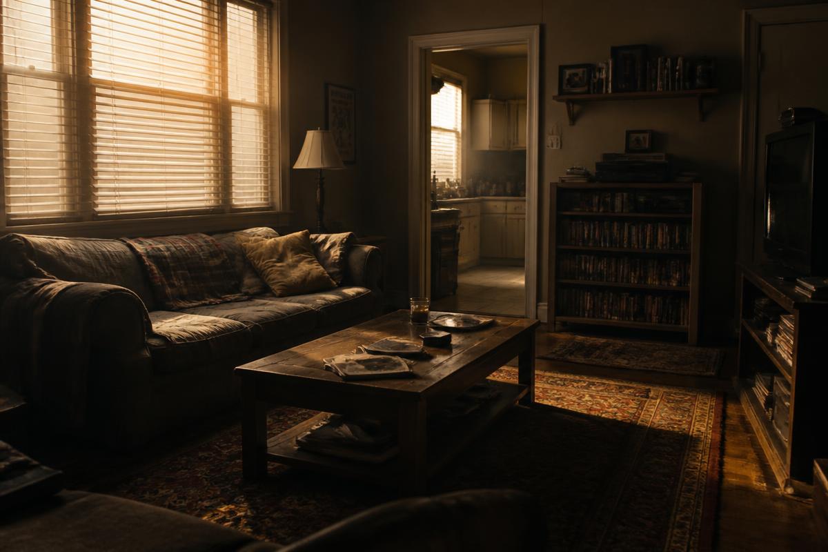 Lived-in apartment living room set with warm window light
