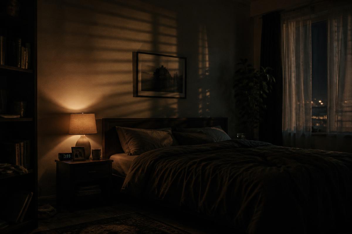 Moody bedroom set lit by a single bedside lamp