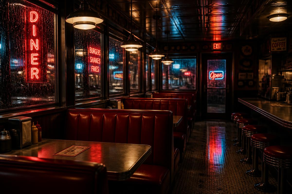 Retro diner set with red booths and neon signage at night
