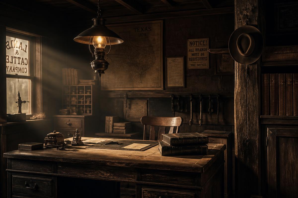 Rustic Western ranch office set with brass lamp and weathered desk
