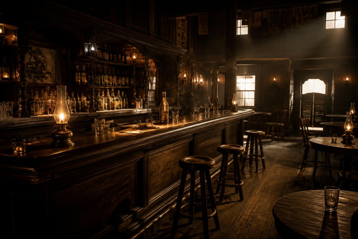 Western saloon bar set with oil lamps and long wooden bar