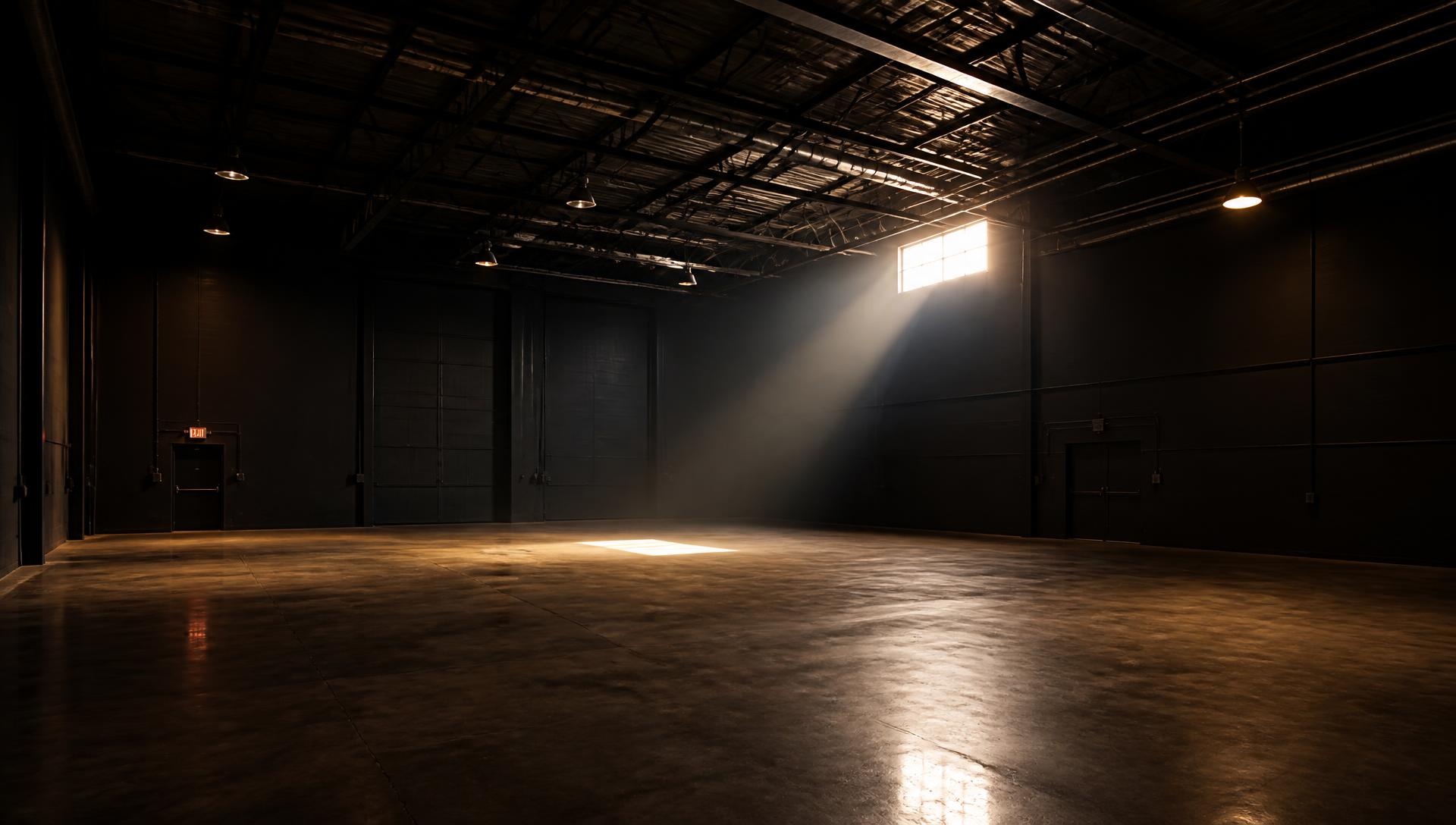 Empty blacked-out production warehouse interior with a shaft of light across the concrete floor